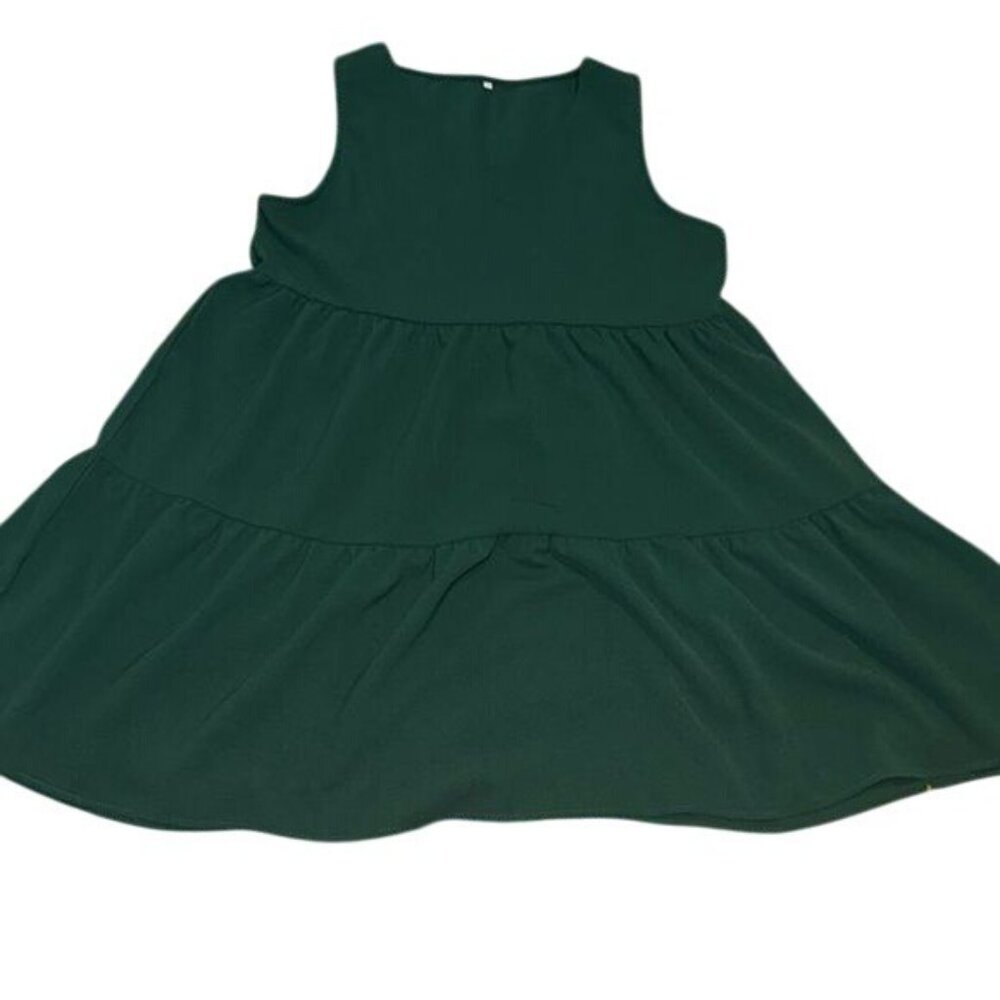 Sleeveless Dark Green Tiered Womens Dress With Flowy Design & Round Neckline L
